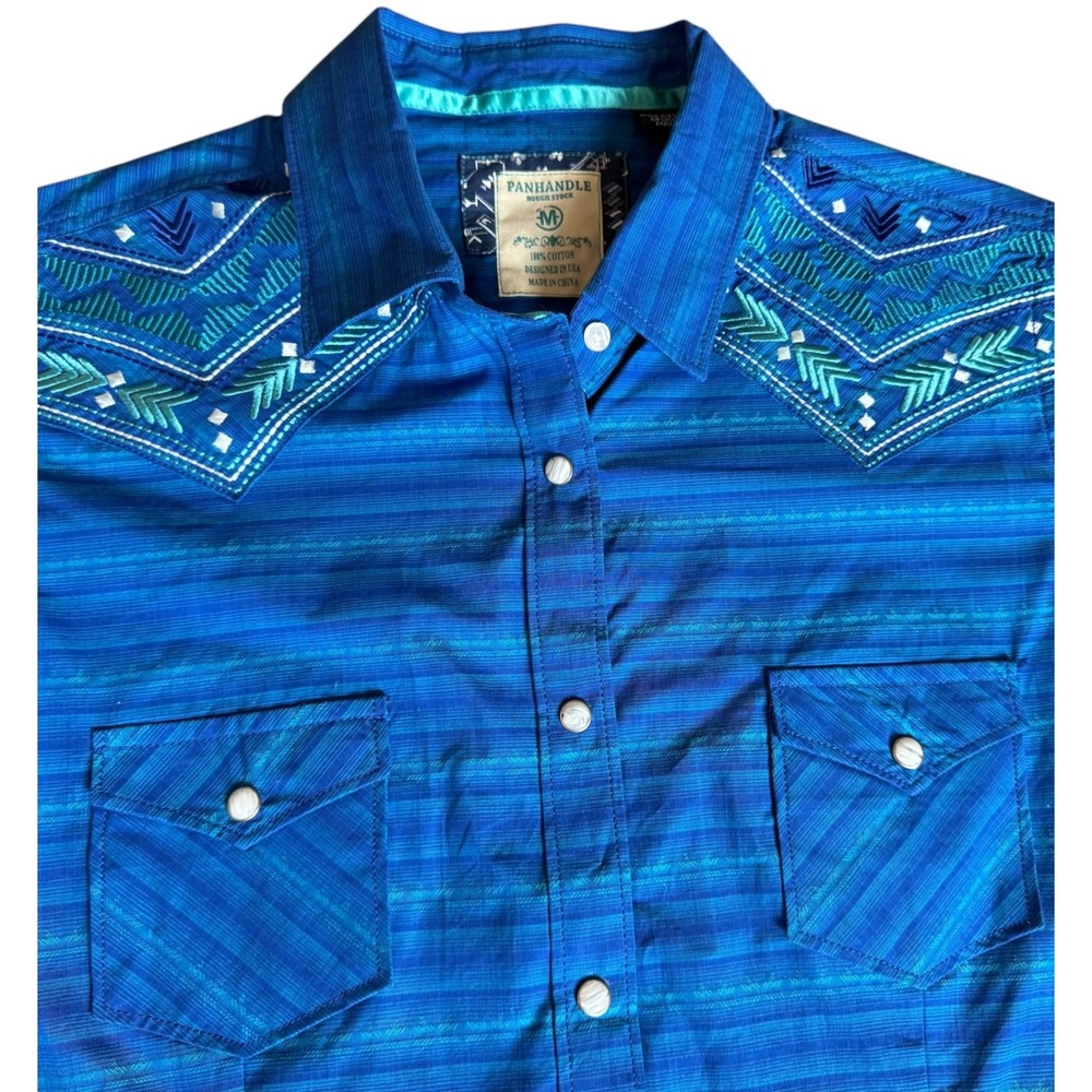 Panhandle Rough Stock Women's Western Shirt Sz M Blue Aztec Embroidered Snap